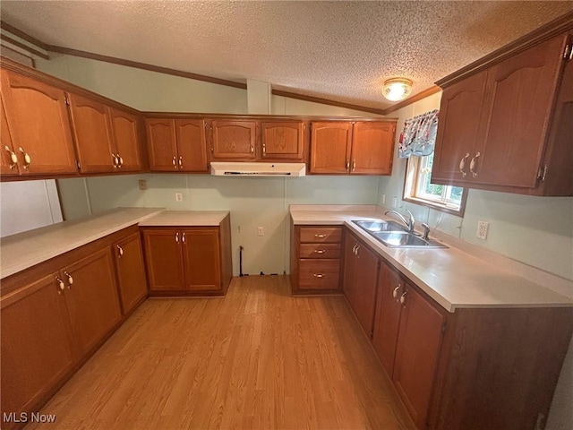 355 Muskingum River Rd, Marietta, OH 45750 - kitchen featuring brown cabinetry, a textured ceiling, crown molding, light wood-type flooring, and under cabinet range hood