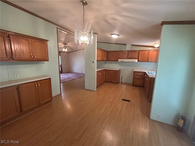 355 Muskingum River Rd, Marietta, OH 45750 - kitchen featuring under cabinet range hood, brown cabinets, light wood-style floors, ceiling fan, and decorative light fixtures