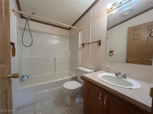355 Muskingum River Rd, Marietta, OH 45750 - bathroom featuring a textured ceiling, washtub / shower combination, vanity, tile patterned flooring, and ornamental molding