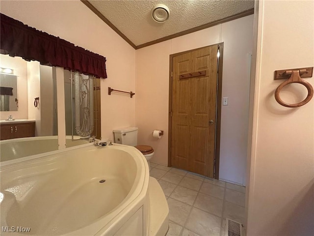 355 Muskingum River Rd, Marietta, OH 45750 - bathroom featuring a bath, ornamental molding, a textured ceiling, vanity, and tile patterned flooring