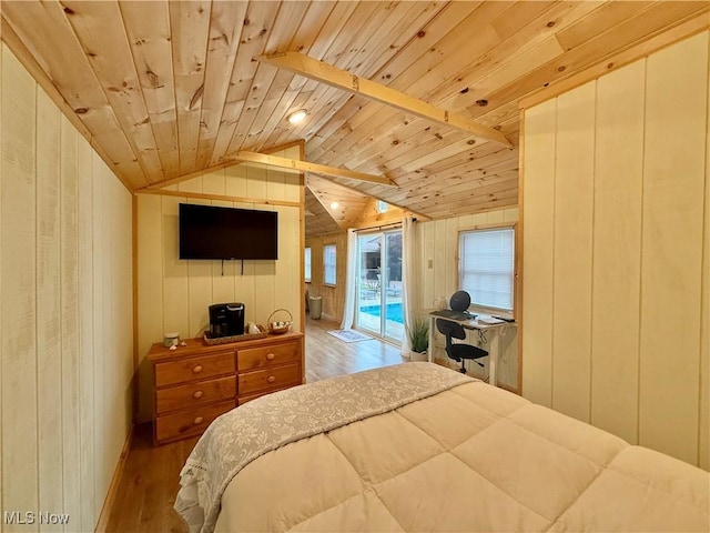 153 Lowes Dr, New Cumberland, WV 26047 - bedroom featuring access to exterior, wood finished floors, wooden walls, vaulted ceiling, and wood ceiling