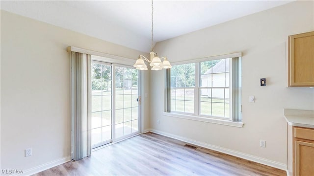 8531 Creekside Dr, Sagamore Hills, OH 44067 - unfurnished dining area with a chandelier, plenty of natural light, and light wood-type flooring