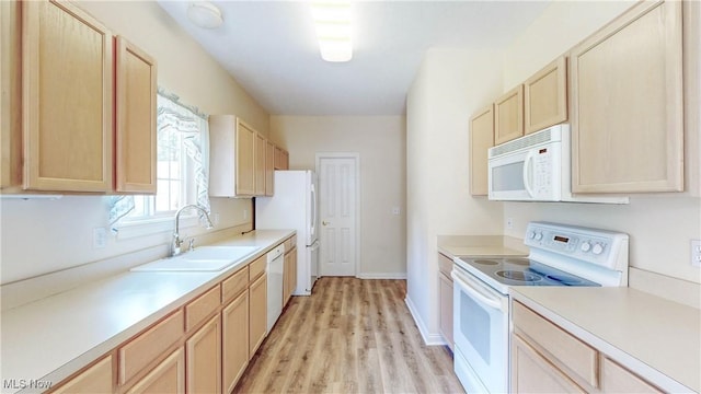 8531 Creekside Dr, Sagamore Hills, OH 44067 - kitchen with white appliances, light brown cabinets, light wood-type flooring, and light countertops