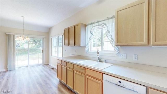 8531 Creekside Dr, Sagamore Hills, OH 44067 - kitchen featuring light brown cabinets, a chandelier, white dishwasher, and healthy amount of natural light