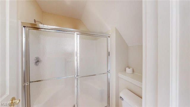 8531 Creekside Dr, Sagamore Hills, OH 44067 - bathroom featuring a shower with shower door and lofted ceiling