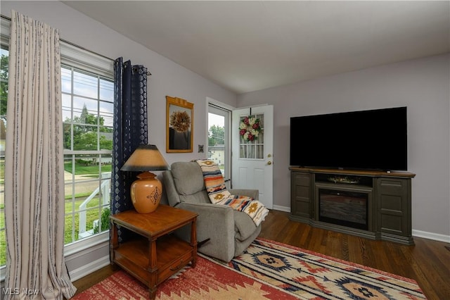 1492 Ries St, Barberton, OH 44203 - living room featuring dark wood finished floors, plenty of natural light, and a fireplace