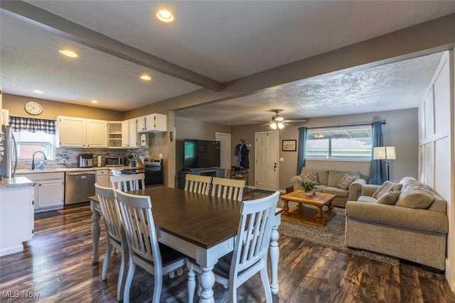 135 S 31st St, Newark, OH 43055 - dining space with dark wood-style floors, recessed lighting, a ceiling fan, a textured ceiling, and beam ceiling