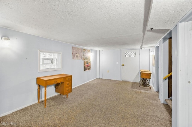 192 Swartz Rd, Akron, OH 44319 - basement featuring carpet flooring, a textured ceiling, and stairs