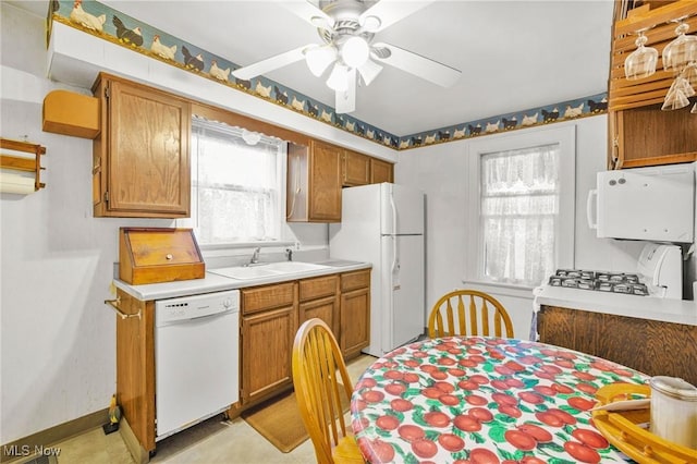 192 Swartz Rd, Akron, OH 44319 - kitchen with ceiling fan, light countertops, white appliances, and healthy amount of natural light