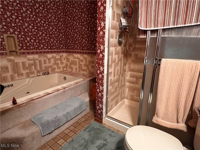 8303 Bradfords Gate Rd, Olmsted Falls, OH 44138 - bathroom with wallpapered walls, a shower stall, a bath, and tile patterned flooring