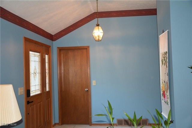 8303 Bradfords Gate Rd, Olmsted Falls, OH 44138 - entryway with lofted ceiling, a chandelier, and ornamental molding
