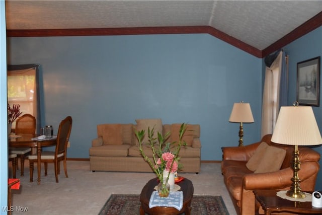 8303 Bradfords Gate Rd, Olmsted Falls, OH 44138 - carpeted living area featuring crown molding and vaulted ceiling