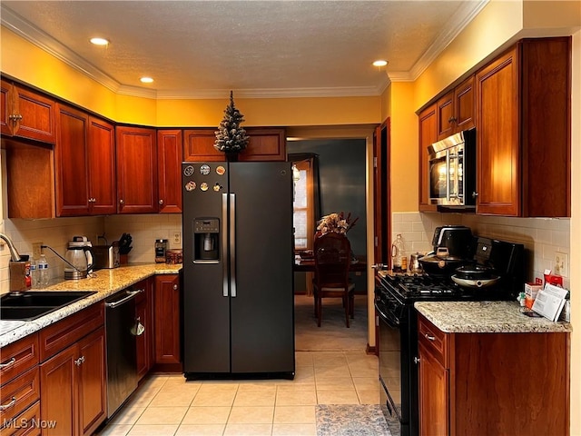 8303 Bradfords Gate Rd, Olmsted Falls, OH 44138 - kitchen featuring black appliances, backsplash, light tile patterned flooring, light stone counters, and ornamental molding