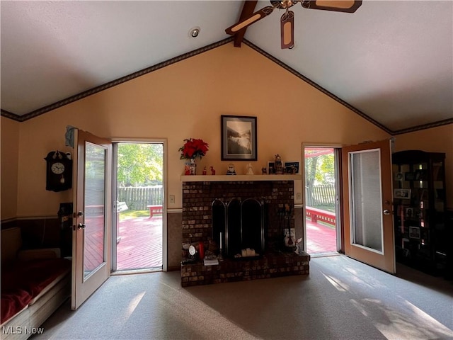 8303 Bradfords Gate Rd, Olmsted Falls, OH 44138 - living room featuring carpet, a ceiling fan, plenty of natural light, a brick fireplace, and ornamental molding