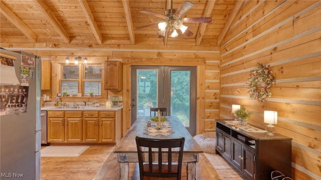 48820 Hillcrest Dr, Caldwell, OH 43724 - dining space with wooden ceiling, light wood-style floors, wooden walls, and a ceiling fan