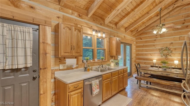 48820 Hillcrest Dr, Caldwell, OH 43724 - kitchen with wood ceiling, light wood-style floors, appliances with stainless steel finishes, a ceiling fan, and light countertops