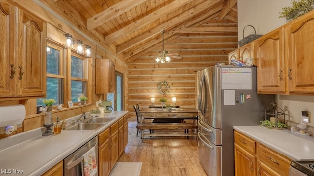 48820 Hillcrest Dr, Caldwell, OH 43724 - kitchen featuring wood ceiling, light wood-style flooring, rustic walls, appliances with stainless steel finishes, and light countertops