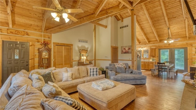 48820 Hillcrest Dr, Caldwell, OH 43724 - living area with ceiling fan, a wooden ceiling with exposed beams, high vaulted ceiling, wood finished floors, and wood walls