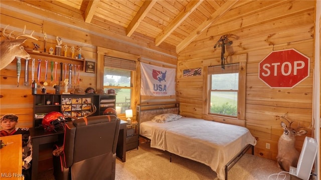 48820 Hillcrest Dr, Caldwell, OH 43724 - carpeted bedroom with wood ceiling, multiple windows, and wood walls