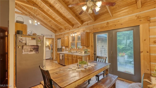 48820 Hillcrest Dr, Caldwell, OH 43724 - dining room with wooden ceiling, ceiling fan, light wood-style floors, washer / clothes dryer, and wood walls