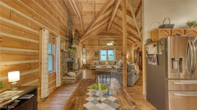 48820 Hillcrest Dr, Caldwell, OH 43724 - living area featuring a wood ceiling with exposed beams, light wood-style floors, wooden walls, and high vaulted ceiling