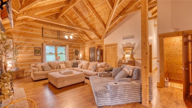 48820 Hillcrest Dr, Caldwell, OH 43724 - living area featuring a wood ceiling with exposed beams, high vaulted ceiling, wood finished floors, and a ceiling fan