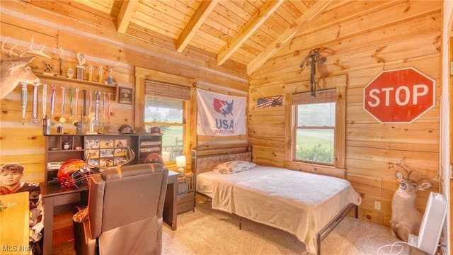 48820 Hillcrest Dr, Caldwell, OH 43724 - carpeted bedroom featuring wood ceiling and wooden walls