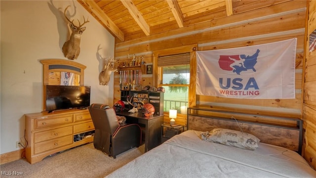 48820 Hillcrest Dr, Caldwell, OH 43724 - carpeted bedroom featuring wood ceiling and wood walls