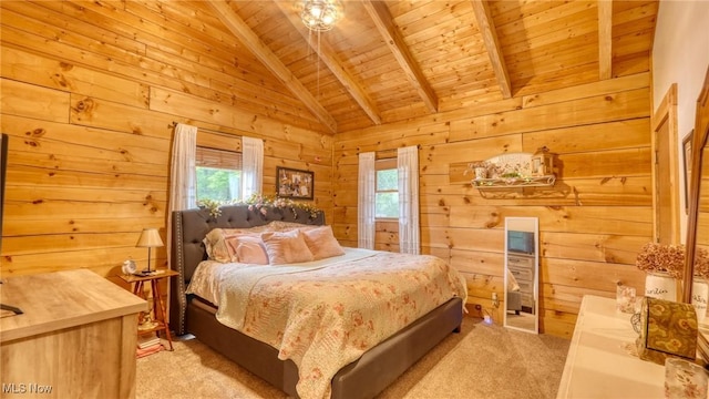 48820 Hillcrest Dr, Caldwell, OH 43724 - bedroom featuring wood ceiling, light carpet, and wood walls