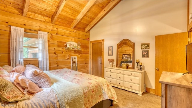48820 Hillcrest Dr, Caldwell, OH 43724 - bedroom featuring light carpet, wooden walls, a wooden ceiling with exposed beams, and high vaulted ceiling