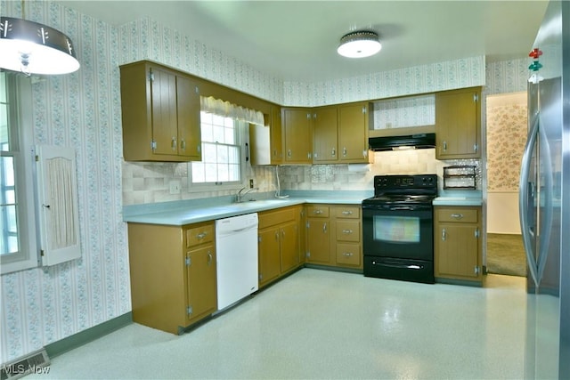 2741 Citadel Dr NE, Warren, OH 44483 - kitchen featuring black electric range, freestanding refrigerator, wallpapered walls, dishwasher, and light countertops