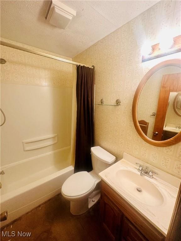 668 Virginia Ave, Follansbee, WV 26037 - bathroom featuring wallpapered walls, shower / bath combination with curtain, vanity, and a textured ceiling