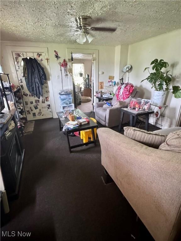 526 Madison Ave, Akron, OH 44320 - living room with carpet flooring, a ceiling fan, and a textured ceiling