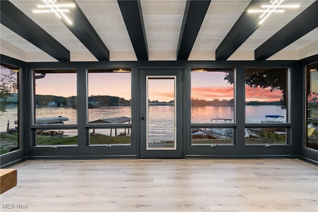 3350 S Main St, Akron, OH 44319 - doorway with beam ceiling, a water view, and wood finished floors