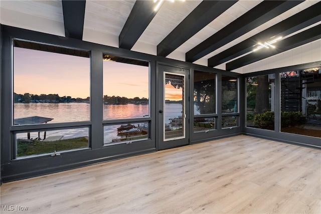 3350 S Main St, Akron, OH 44319 - unfurnished room with beam ceiling, a water view, and wood finished floors