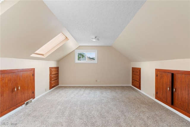 3139 Prior Dr, Cuyahoga Falls, OH 44223 - additional living space with light colored carpet, a skylight, vaulted ceiling, and a textured ceiling