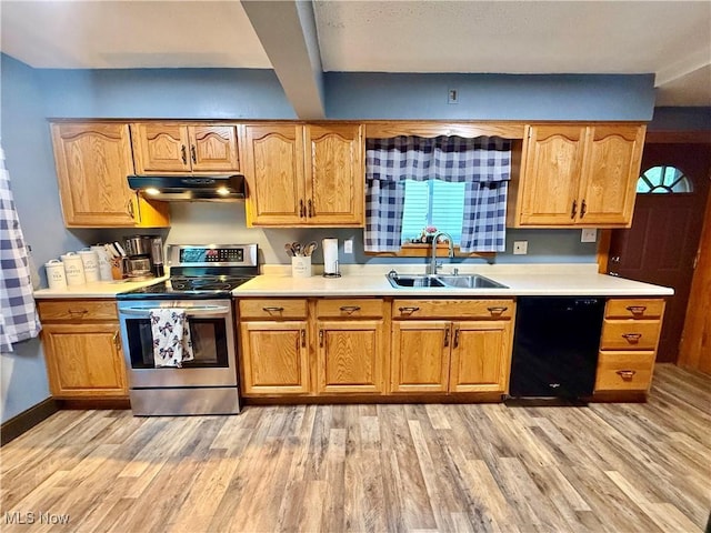 1257 Elmhurst Dr, Weirton, WV 26062 - kitchen with stainless steel range with electric cooktop, light wood-style flooring, dishwasher, light countertops, and beam ceiling