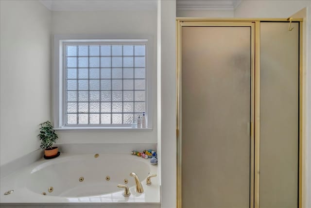 bathroom with plenty of natural light, ornamental molding, and shower with separate bathtub