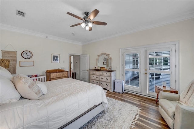 bedroom with ceiling fan, access to exterior, hardwood / wood-style floors, and ornamental molding