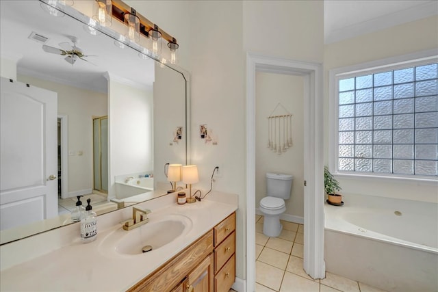 full bathroom featuring plenty of natural light, toilet, ornamental molding, and tile patterned flooring