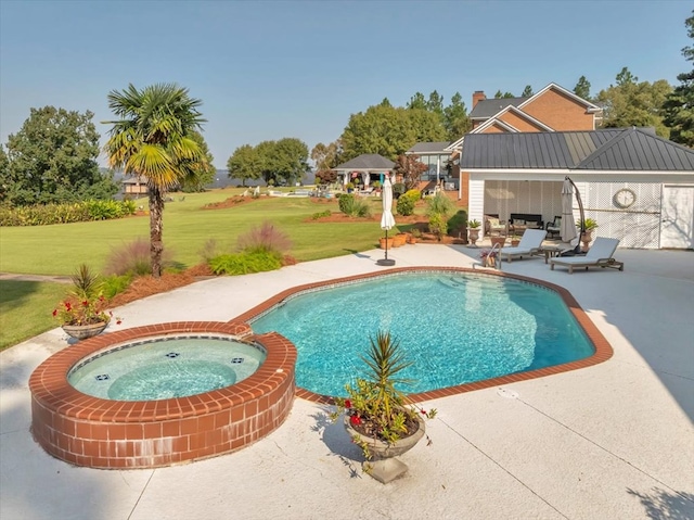 view of pool with a gazebo, a yard, an in ground hot tub, and a patio