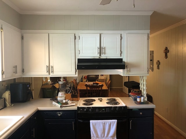 2814 Reeves Ln, Albany, GA 31721 - kitchen featuring under cabinet range hood, black electric range oven, ornamental molding, light countertops, and wood finished floors