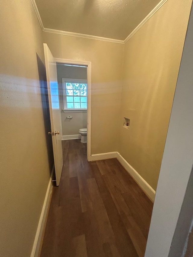 corridor with ornamental molding and dark wood-type flooring