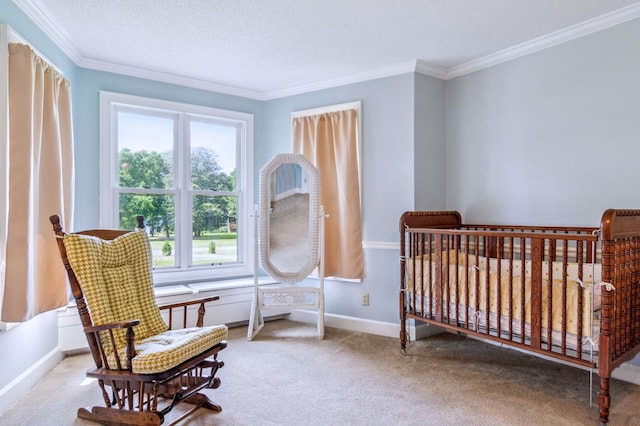 carpeted bedroom with a textured ceiling and crown molding