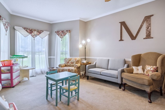 carpeted living room with ornamental molding