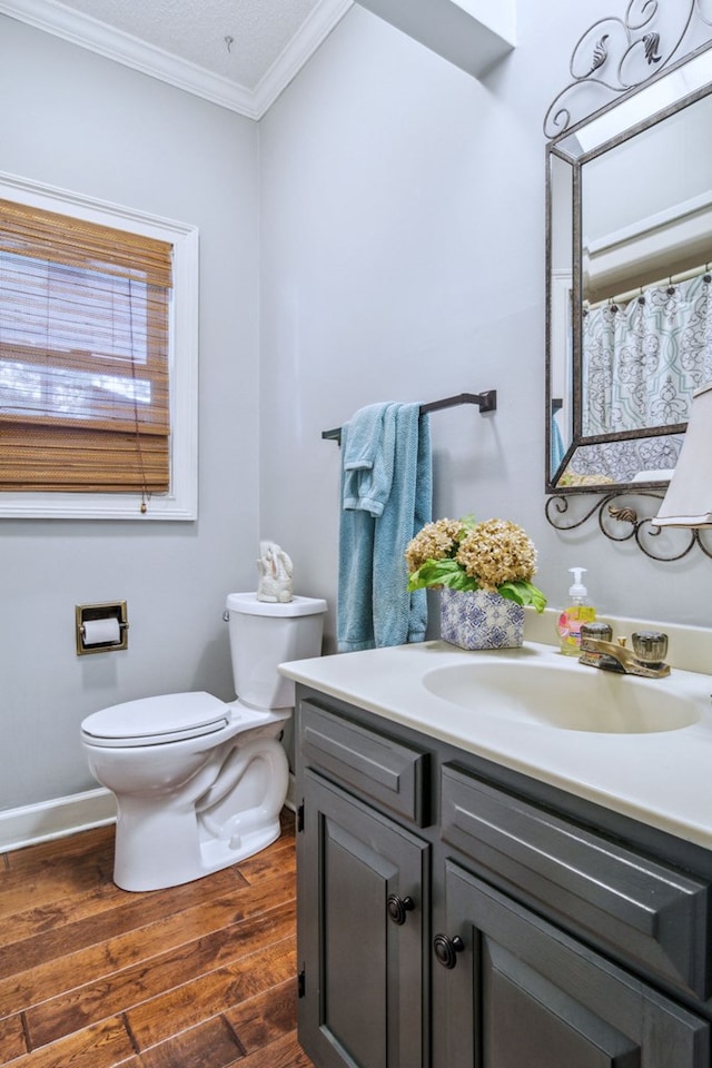 bathroom with toilet, vanity, and crown molding