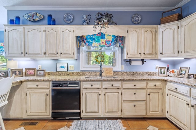 kitchen featuring black dishwasher, sink, ornamental molding, light tile patterned flooring, and light stone counters