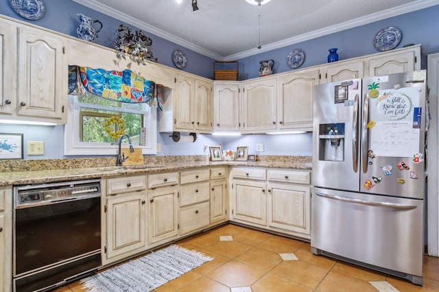 kitchen with stainless steel fridge with ice dispenser, dishwasher, light tile patterned floors, sink, and light stone counters