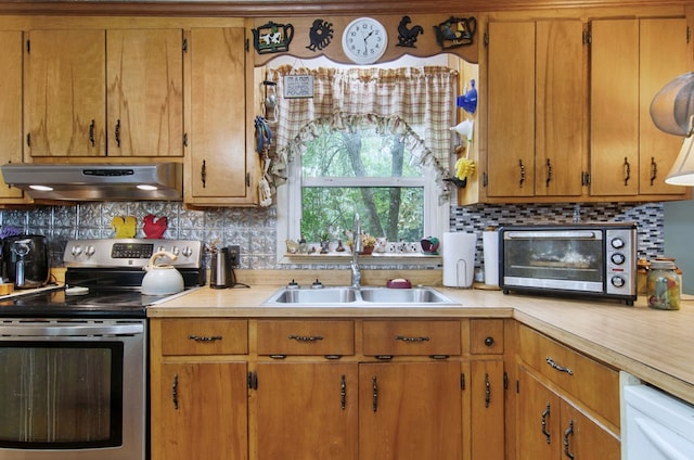272 Ellis Rd, Plains, GA 31780 - kitchen with electric range, a sink, light countertops, a toaster, and under cabinet range hood