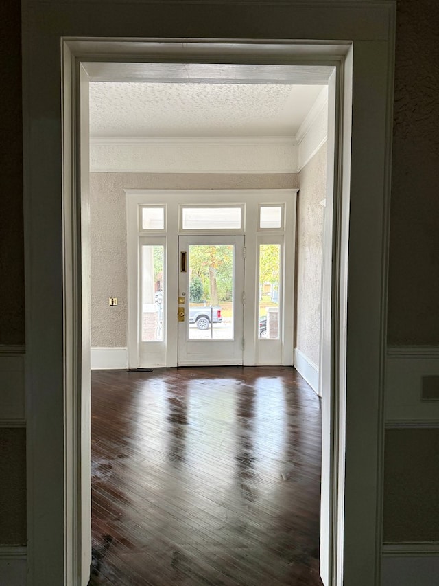 interior space with a healthy amount of sunlight, crown molding, and dark hardwood / wood-style floors